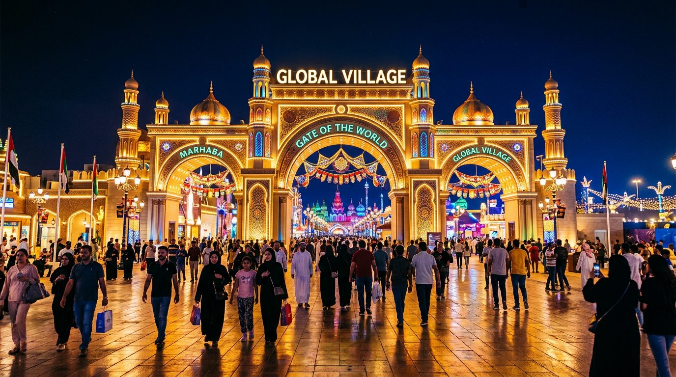 Global Village Dubai entrance gate lit up at night